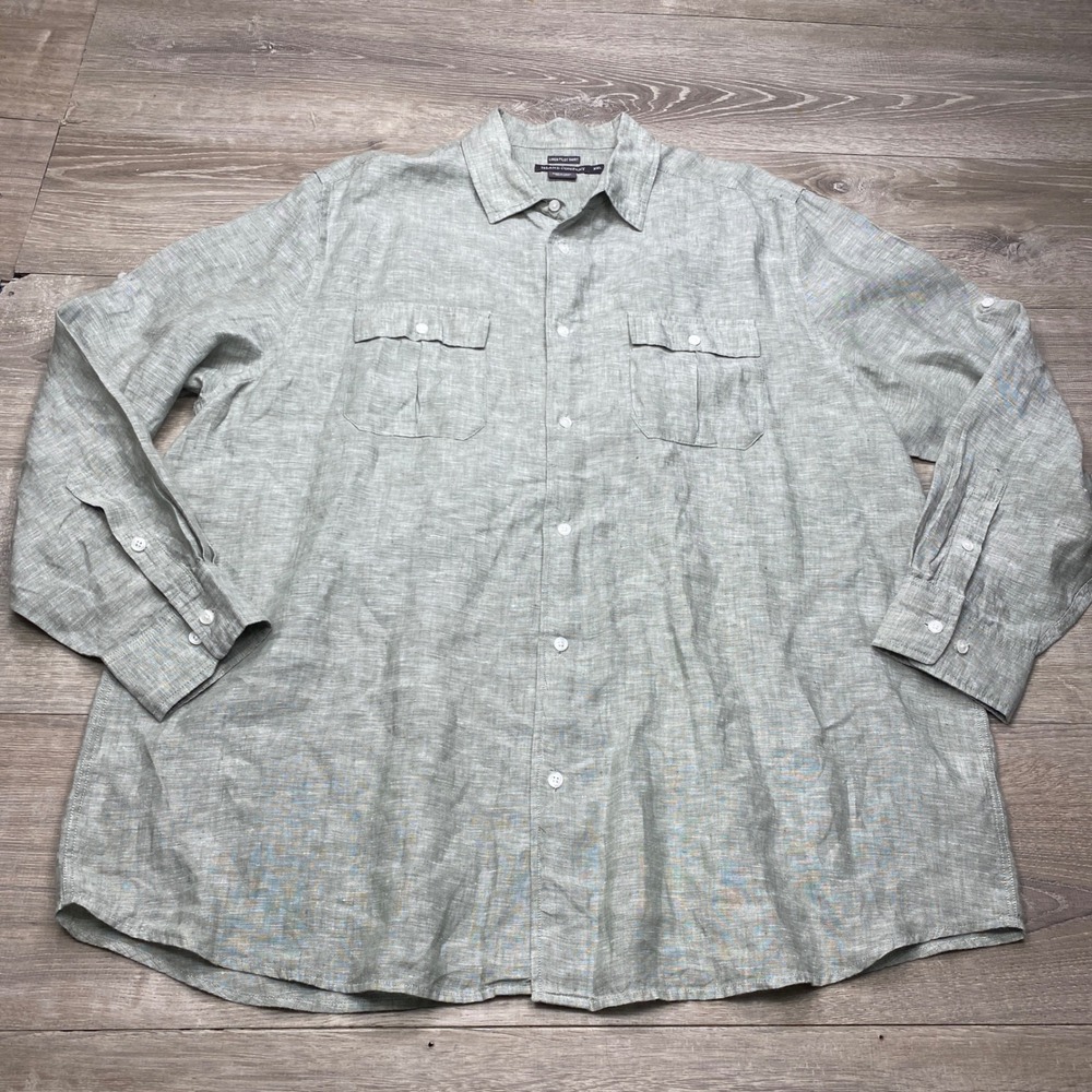 Island Company Linen Pilot Shirt Mens XXL Green Long Sleeve Travel Beach Button